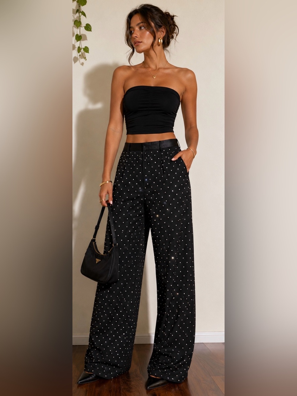 Daniel Bernstein Black - Rhinestone Wide Leg Pants NWT Size 10 Glam Trousers